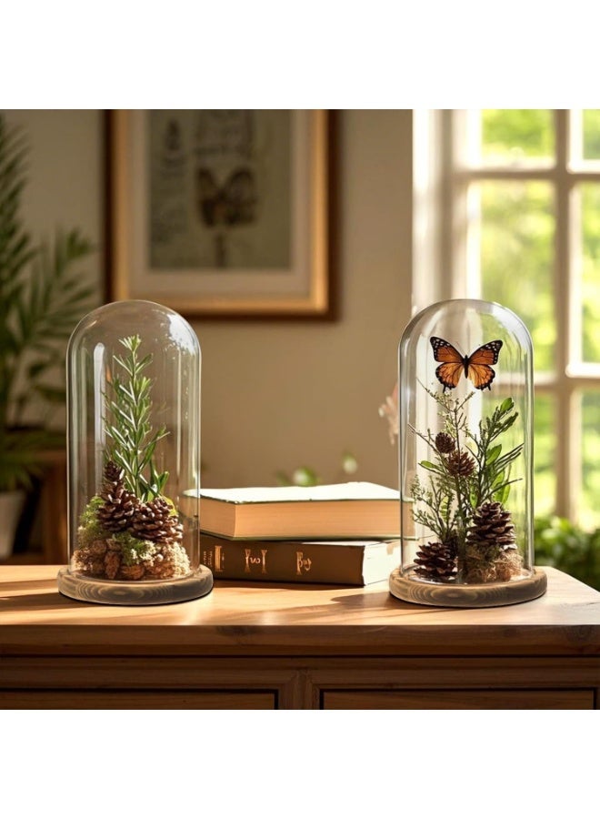 Glass Vases with Upside Down Dome with Wooden Base, Natural Home Decor, Set of 2 - Image 1